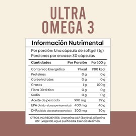 Pack 3 Frascos Ultra Omega 3 Nutrientes Vidalabs Mxico Aceite de pescado Premium Alta Concentracin 400 mg EPA Y 300 mg DHA, Apoyo A La Salud Del...   