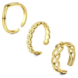 WillTen 2-4pcs Gold Silver Toe Ring Stainless Steel Adjustable Bend Open Toe Ring, Flower Arrow Leaf Plain Thin CZ Toe Finger Tail Ring Summer Beach Foot Jewellery Set for Women Men, Metal, Cubic