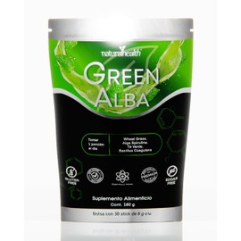 Natural Health. Green Alba. Mezcla de Greens con Probióticos, Wheat Grass, Espirulina, Té Verde, Clorofila, Enzimas Digestivas y Vitamina D3. Jugo Verde Listo para Preparar. Suplemento Alimenticio Natural. 180g, 30 Sobres 6 g c/u, Sin Gluten y Sin Azúcar