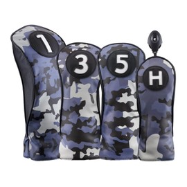 Majek Golf Clubs Black and Blue Camo Club Premium Protective Hand Made Camouflage Head Covers 460cc Driver#1 + #3#5 Fairway Metal Woods + #H Utility Hybrid Cover with Adjustable Tag Wheel Set