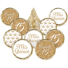 White and Gold Quinceañera Chocolate Kisses Party Favor Stickers, Mis Quince Años Sweet 15 Birthday Party - 180 Count