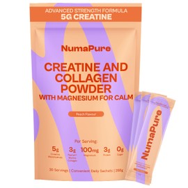 NumaPure Creatine and Collagen Powder with Magnesium - 5g Creatine Monohydrate Powder & 3g Marine Collagen Powder for Women - Peach Flavoured Creatine Sachets, No Added Sugar, 30 Daily Servings, 288g