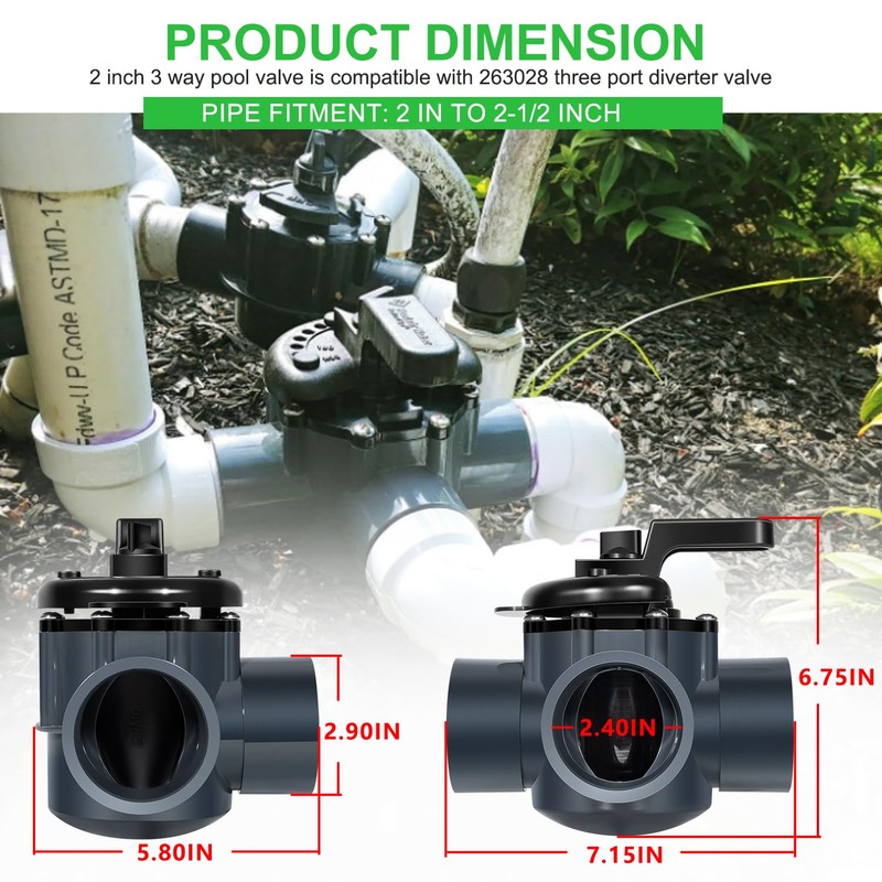 Ussuray 3 Way Pool Valve 2 Inch, Positive Non-Lube Diverter