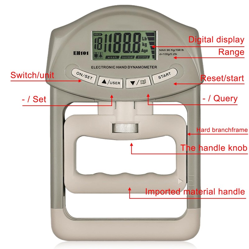 Digital Hand Strength Gauge, 90 kg / 200 lbs Grey