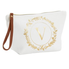 Bolsa de maquillaje personalizada con inicial dorada para mujer, bolsa de cosméticos de lona con monograma, color blanco, Blanco, Dorado, V