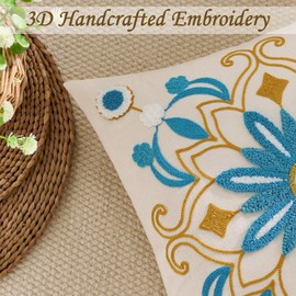 Kuderiy Embroidered Throw Pillow Cover 18x18 Classic Boho Floral Pattern Pillows Cover Outdoor Decorative Pillowcase,Durable Cozy Textured Cushion Case for Sofa Couch Bed Living Room,Teal