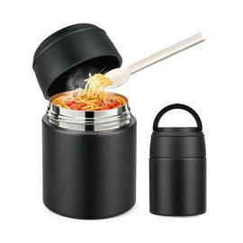WXXM 10oz Soup Thermo for Hot Food Kids Insulated Food Jar with Spoon Wide Mouth Stainless Steel Lunch Container Leak Proof Vacuum Food Box for School Travel Picnic Black