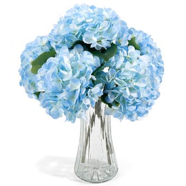 Auihiay Blue Large Hydrangeas, 5PCS Hydrangea Artificial Flowers, Lifelike Fake Flowers, Real Touch Silk Flowers Bouquet for Outdoor Wedding Office Family Party Living Room Table Decoration
