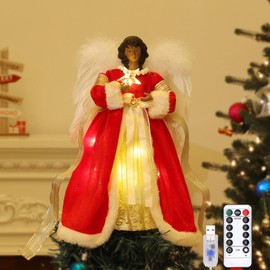 Lewondr Christmas Tree Topper Angel, 12 Inch Glitter African American Angel Tree Topper with Timer, USB Operated Remote Control Christmas Tree Topper for Christmas Tree, Christmas, Party, Indoor, Pink