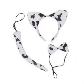 Animal Costume Ears Tail Bow Tie SET Headband DRAMA FANCY DRESS (Cow Print)