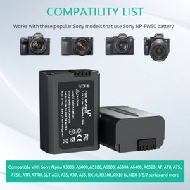 LP NP-FW50 Battery Charger Pack, 3-Pack 1200mAh Battery & Triple Slot Charger for Alpha A5000, A5100, A6000, A6100, A6300, A6400, A6500, A7, A7II, A7R, A7RII, A7S, A7SII, RX10, RX10III, RX10IV, EV-10