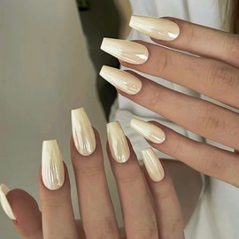 Glazed Champagne Chrome Press on Nails Long Coffin,SXVME Fake Nails Square Aurora Nails Press ons,Acrylic Nails Glue on Nails Long,Flash False Nails,Mirror Effect Gel Nails Stick on Nails in 24PCS