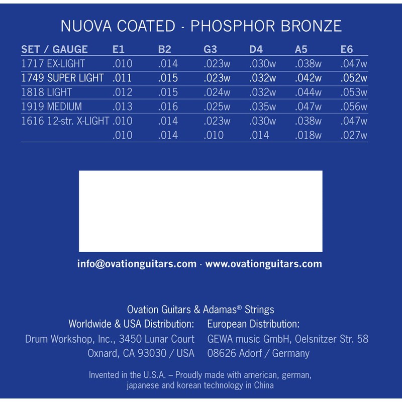 Adamas Nuova Phosphorus .011 Acoustic Guitar Strings Bronze Coated Set