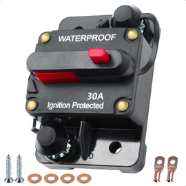 30 amp Circuit Breaker, Manual Reset Inline Fuse Waterproof Circuit Breaker for Car Marine Trolling Motors Solar System, 12V-48VDC with Wire Lugs Copper Washer