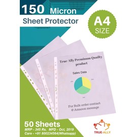 True-Ally 150 Micron A4 Waterproof Transparent Document Leaf/Sleeve Sheet Protector Pack of 50 Sheets Top Loading, Clear, Reinforced 11-Hole, Acid-Free, Archival Safe for Documents and Photos (Pack of 50)