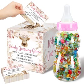 Glenmal 52 Pcs Baby Shower Games Gift Sets Large Baby Bottle for Shower Game Guess How Many Candies Decorations for Gender Reveal (Highland Cattle)