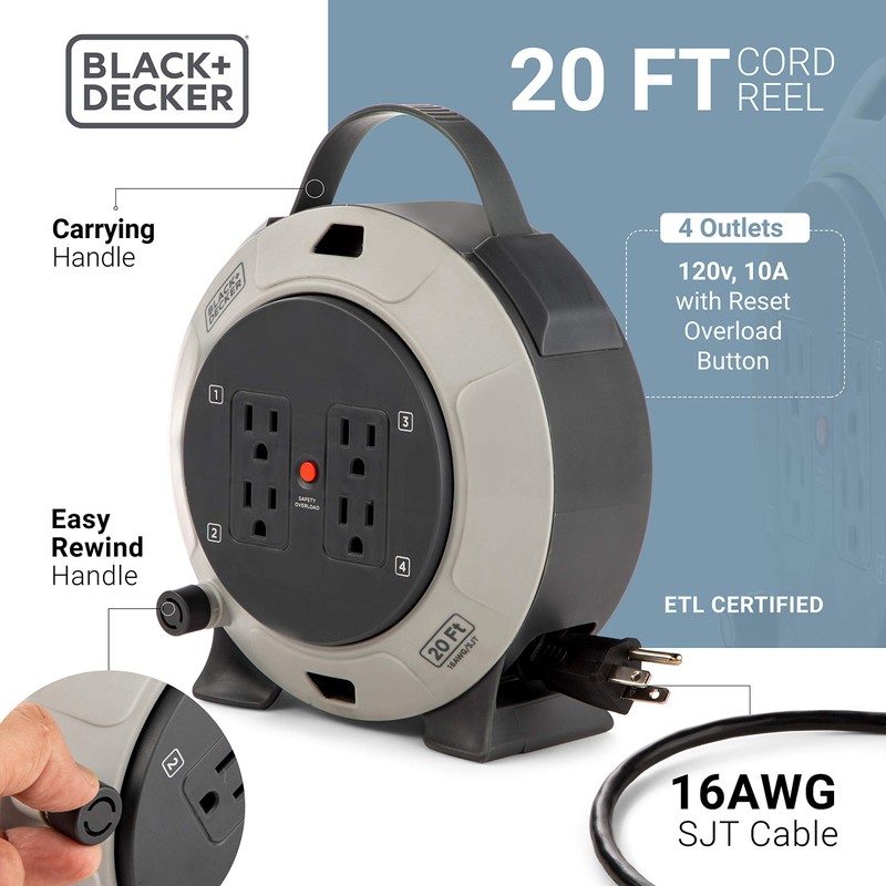BLACK+DECKER Retractable Extension Cord Reel 20 Ft. With 4 Outlets,