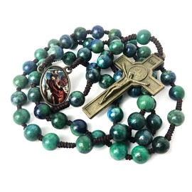 St. Christopher Azurite 8mm Stone Cord Rosary with 10mm Bracelet Set - Catholic Gift