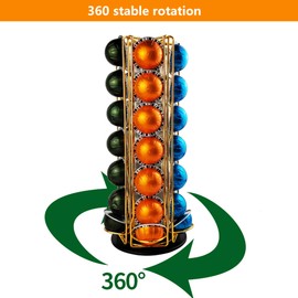 Meelio Vertuo Pod Holder Carousel Stand for 35 Nespresso Vertuo Capsule Storage Organizer with Extra Space for Coffee Mate Silent Rolling，Gold