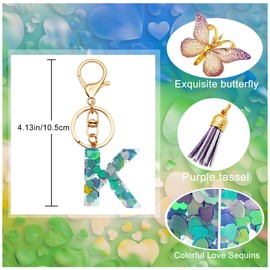 TTYY Initial Letter Keychains for Girls Women Pink Purple Green Cute Butterfly Heart Keychain for Backpack School Bag (purple heart Letter K)