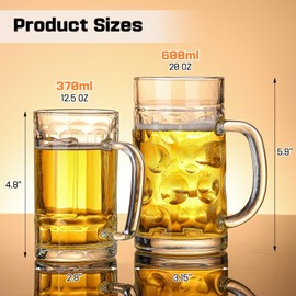 Freezer Beer Mugs, Glass Mugs with Handles Set of 2, Clear Large Beer Steins for Beer, Tea, Coffee, 20 oz Lead-Free Beer Glasses Oktoberfest Style, Novelty Beer Gifts for Dad Husband or Friend