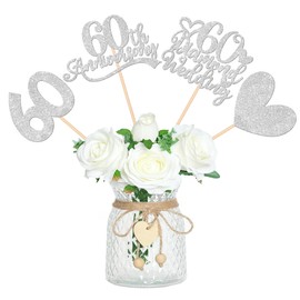 12 PCS 60th Anniversary Centerpiece Sticks Double Sided Silver Glitter Heart 60 Diamond Wedding Anniversary Table Flower Centerpieces for Cheers to 60 Years Blessed & Loved Wedding Party Supplies