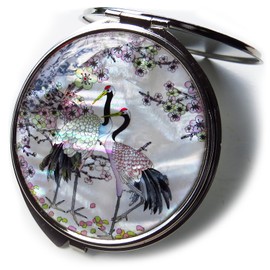 MADDesign Mother of Pearl Compact Mirror Round Double Sided Folding Magnify Crane Apricot Tree Design