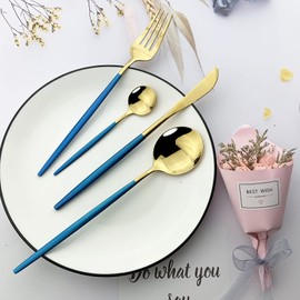 JASHII Flatware Serving Set 24 Piece, Stainless Steel Silverware Set, Blue Gold Cutlery Set, Modern Elegant Tableware Set for Party, Christmas, Dinner (Blue Gold)