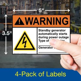 ComplianceSigns.com Warning Standby Generator Automatically ANSI Label Decal with Symbol, 5x3.5 in. 4-PackVinyl for Industrial Notices