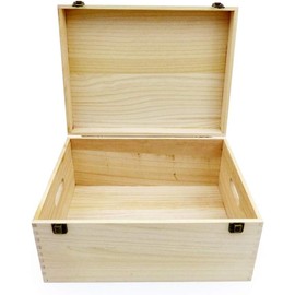 Unvarnished Wooden Storage Box with Hinged Lid and Clasps, 40 x 30 x 20 cm