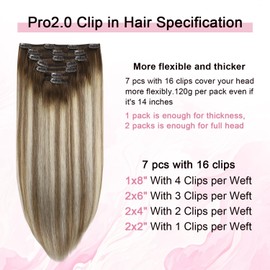 Sweetmet Pro2.0 Clip in Hair Extensions Real Human Hair 120g Thick 7pcs #3/8/22 Walnut Brown to Ash Brown and Golden Blonde Remy Real Human Hair Extensions Clip ins 14inch Double Weft（#3/8/22-14inch）