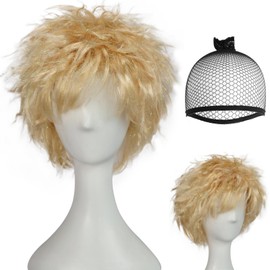BECULINA Kurze Brillantblonde Perücke mit Haarkappe Platin Stachelige Perücken mit Pony für Männer Kurze blonde Layered Perücken Unordentliche blonde Cosplay Haare für Weihnachtsfeier Kostüm Outfit
