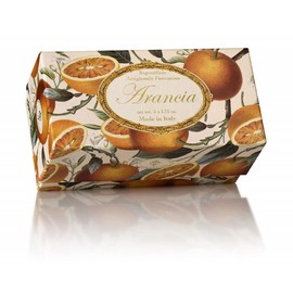 Orange soap, box of 6 bars of round soaps carved with Florentine lily, wrapped by hand, 6 x 1.76 oz.