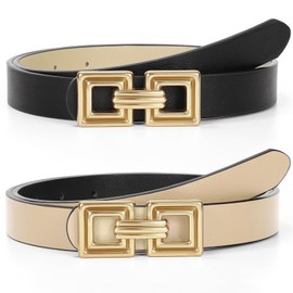 WHIPPY Reversible Leather Belt for Women Fashion Ladies Faux Leather Belt for Jeans Pants Dress with Gold Buckle 1 Pack Black+Beige M