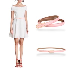 Women's Belt Fashion Elegant Skinny Patent Leather Belts Genuine Leather Waistband Slim Waist Belt Gold Alloy Buckle, Peach-Pink, For Waist 28"- 34", Women Size S-M, 4-6