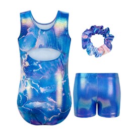 JiAmy Gymnastics Leotards for Girls with Shorts Set, 3Pcs Kids Gymnastics Athletic Outfit, Sleeveless Ballet Dancewear for Kids 6-7 Years