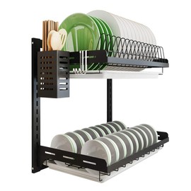 Kitchen Dish Rack Hanging Drying Plate Organizer Storage Shelf over the Sink,Junyuan 2 Tier Wall Mount Bowl Holder with Drain Tray With 3 Hooks,Stainless Steel Black Coating (2 Tier, 16)