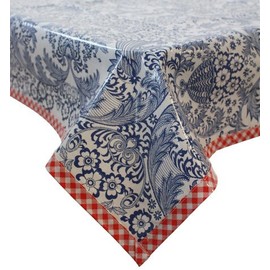Freckled Sage Oilcloth Tablecloth Toile Blue with Red Gingham Trim You Pick The Size