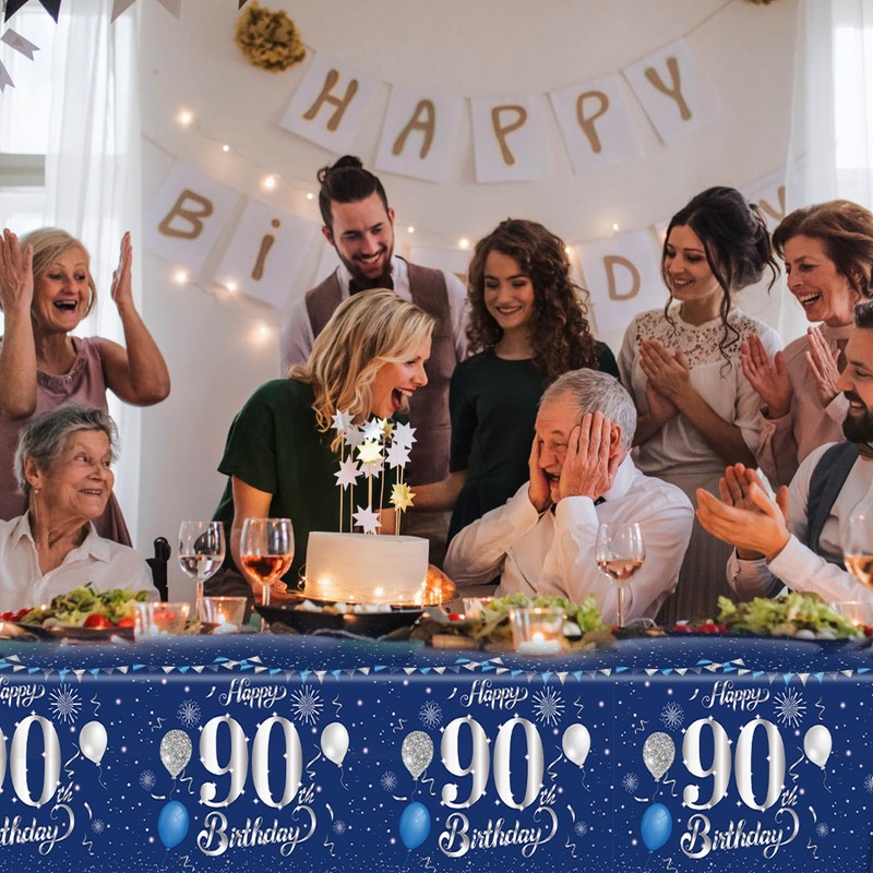 Xiliconie 3PCS 90th Birthday Tablecloth Blue and Silver Theme Party