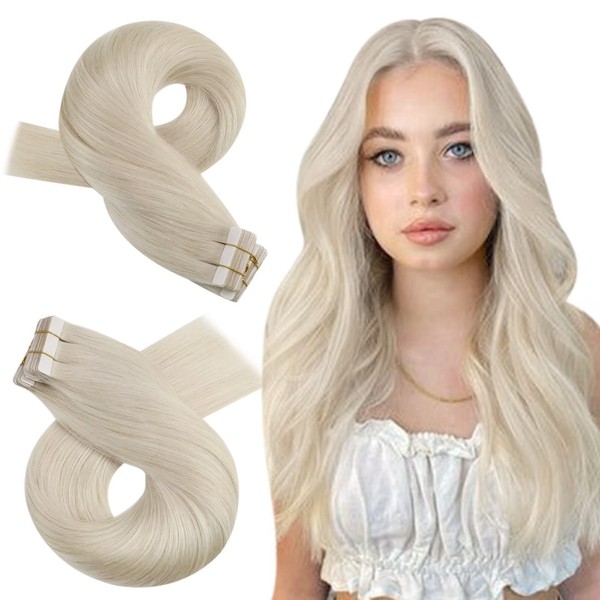 Moresoo Remy Human Hair Extensions Tape in 20 Inch Blonde Hair Glue in Brazilian Human Hair Color 60 Platinum Blonde Tape on Hair Extensions 20PCS 50G Seamless Skin Weft
