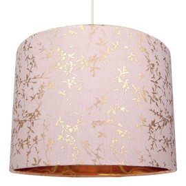 Modern Soft Pink Cotton Fabric 10" Lamp Shade with Gold Foil Floral Decoration Suitable for Table or Ceiling Usage | 25cm Diameter | 60w Maximum by Happy Homewares