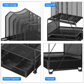 Simple Trending Mesh Desk Organizer with Sliding Drawer, Double Tray with 5 Sections File Bookshelf, Black