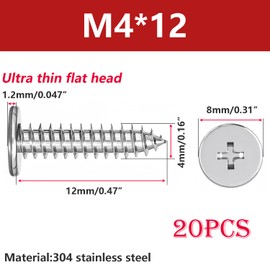 Ctyjia 20 Pieces Thin Self Tapping Screws Phillips Flat Head Screws 304 Stainless Steel M4 x 12mm Wood Screws for Repairs