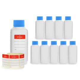 Octopus 10 x 100 ml Plastic Bottles, HDPE Plastic Bottles with Blue Screw Caps, Empty Bottles with Blue Screw Caps, Square Bottles with 10 Labelling Labels