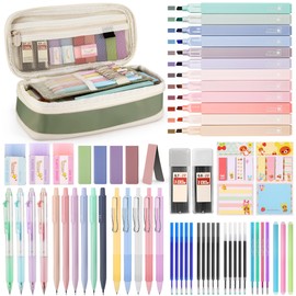 DazSirit 62 PCS Aesthetic Stationery Set with Foldable Pencil Case, 12 Pastel Highlighters, 4 Erasable Pens, 5 Gel Pens, 6 Mechanical Pencils, Sticky Notes – School Supplies for Girls & Teens (Green)