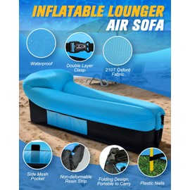 Evolpor Inflatable Lounger Air Sofa, 2025 Upgrade Inflatable Sun Lounger with Portable Bag, Anti-Leak Waterproof Air Lazy Sofa with Headrest & Side Pockets for Camping, Beach, Blue