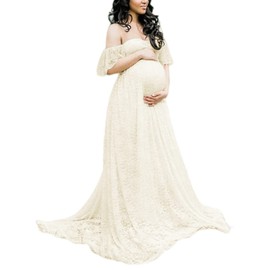 ZIUMUDY Photography Maternity Dress Off Shoulder Lace Baby Shower Pregnant Wedding Dress (Light Yellow, Large)