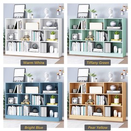 IOTXY Open Shelf Low Bookcase - Wooden 3-Tier Floor Standing Display Cabinet Organizer with Base, 10 Cubes Short Horizontal Bookshelf in Bright Blue
