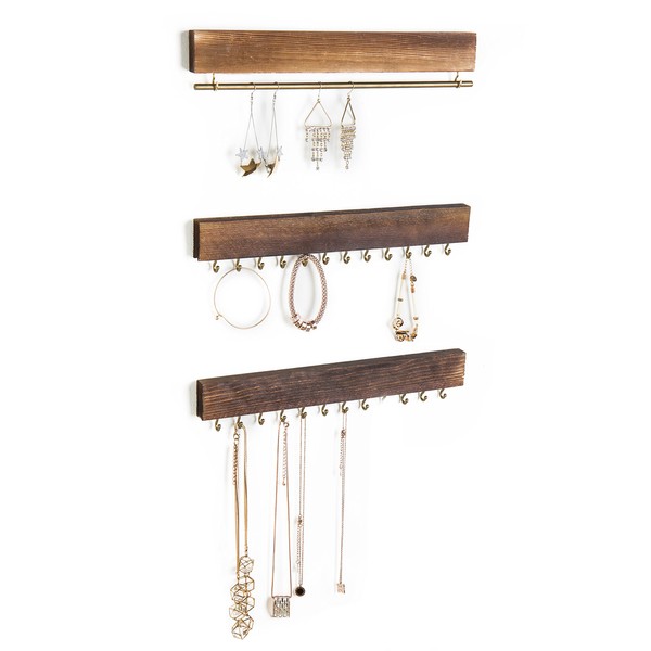 MyGift 3-Piece Wall Jewelry Organizer, Wall-Mounted Rustic Wood and Gold Tone Metal 24 Hook Necklace and Bracelet Storage Rack with Hanging Earring Bar