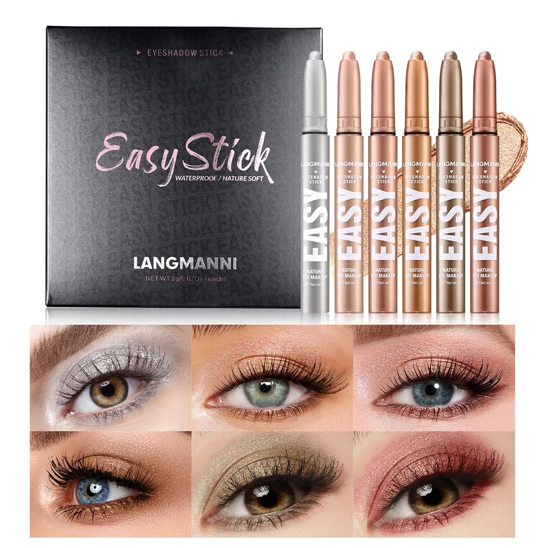 6PCS Eyeshadow Stick Set, Shimmer Cream Eyeshadow Pencil Crayon, Waterproof